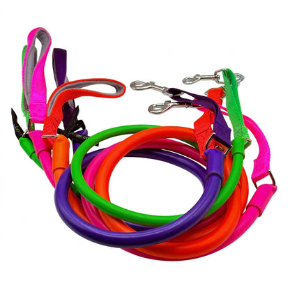 WUNDERleash stretch leashes coiled together in purple, green, orange, and pink, with padded handles and clips