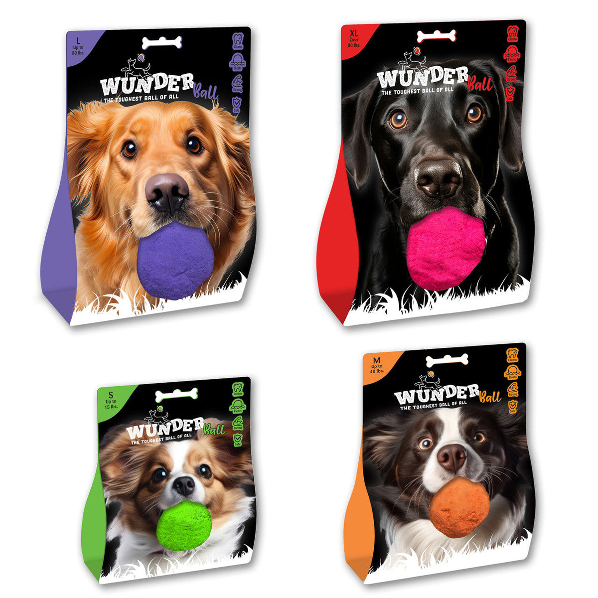 Four WUNDERball retail packages in Small, Medium, Large, and XL, each with a dog holding a ball on the front