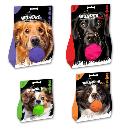 Four WUNDERball retail packages in Small, Medium, Large, and XL, each with a dog holding a ball on the front