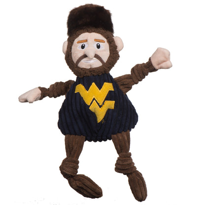 Mountaineer Knottie dog toy, front view with peach hands, knotted brown corduroy legs and the gold Flying WV