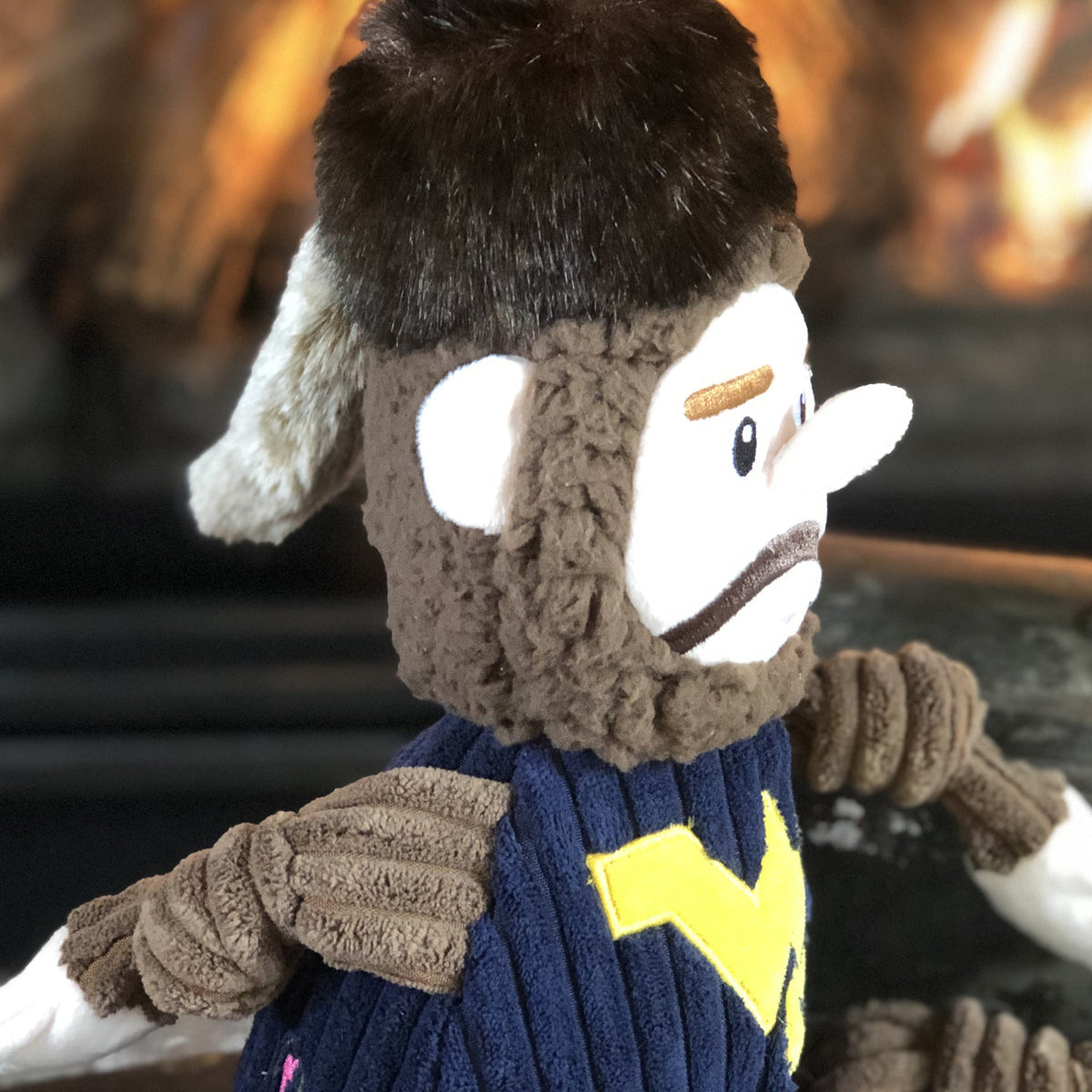 Mountaineer Knottie dog toy in profile in front of a fireplace, showing the cap's tail and curly beard