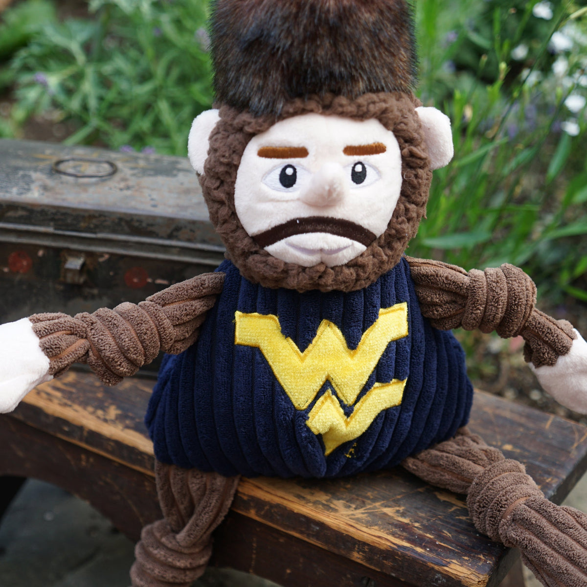 Mountaineer Knottie dog toy sitting on a wooden bench in a garden, curly beard and Flying WV shirt