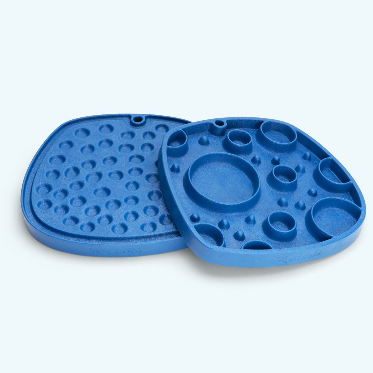 Bubbles Feast Mat in marine blue, showing the lick-mat side and slow-feeder side