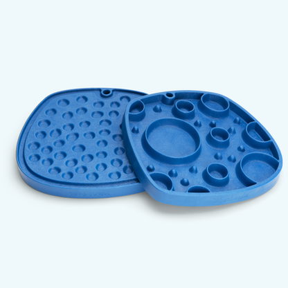Bubbles Feast Mat in marine blue, showing the lick-mat side and slow-feeder side