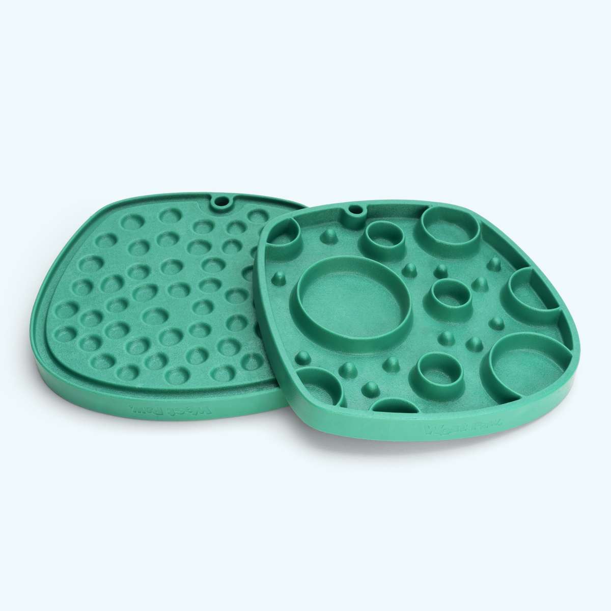 Bubbles Feast Mat in kelp green, showing the lick-mat side and slow-feeder side