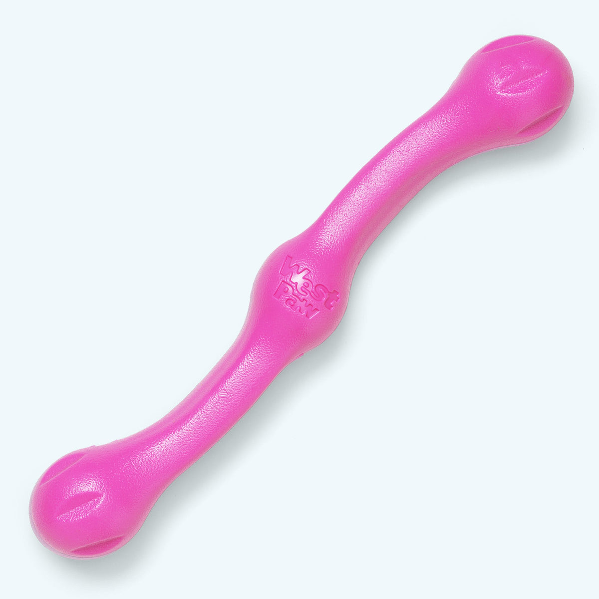 Zwig fetch stick in hot pink, top view of the curved shaft and grooved knobby ends