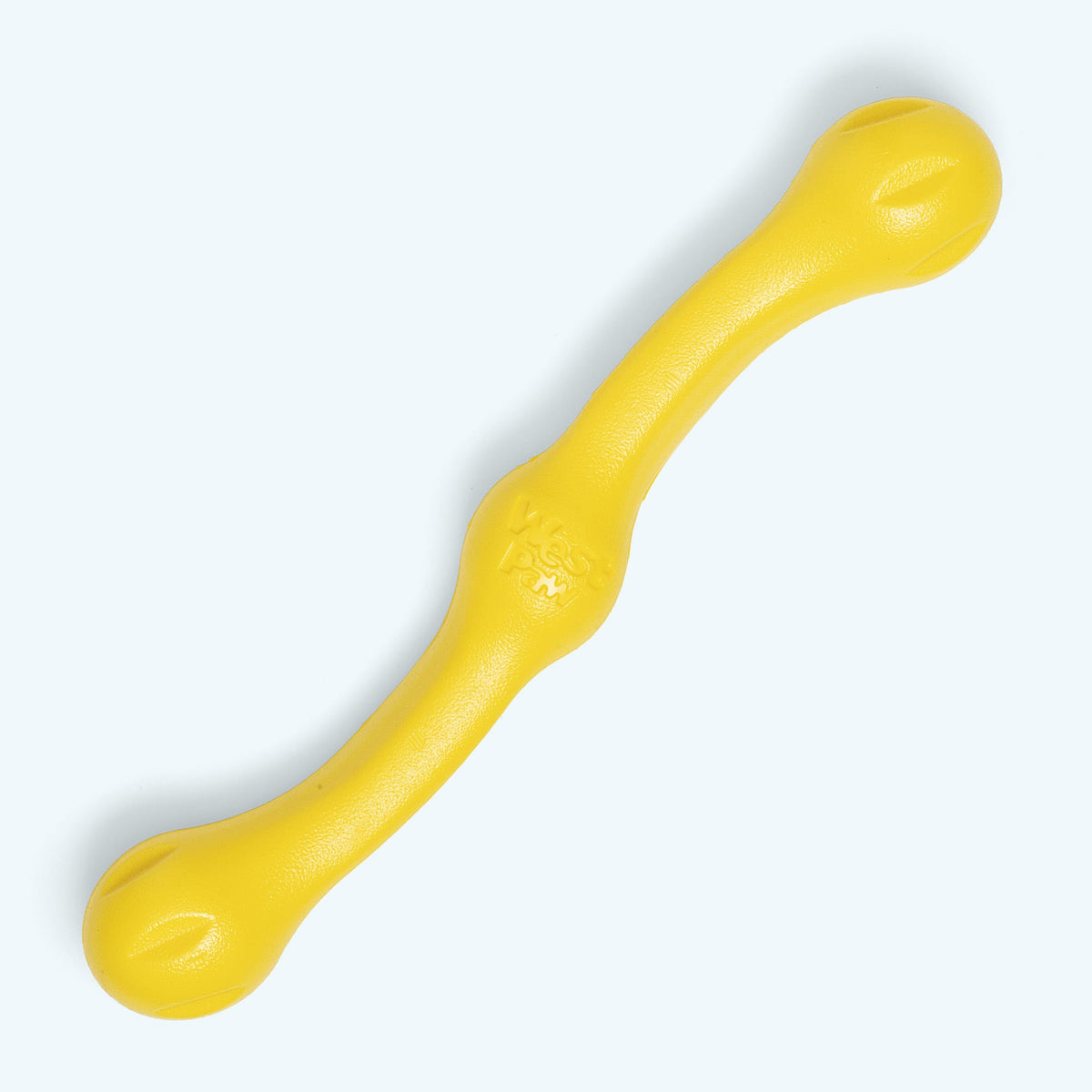 Zwig fetch stick in dandelion yellow, top view with the West Paw logo on the middle bump