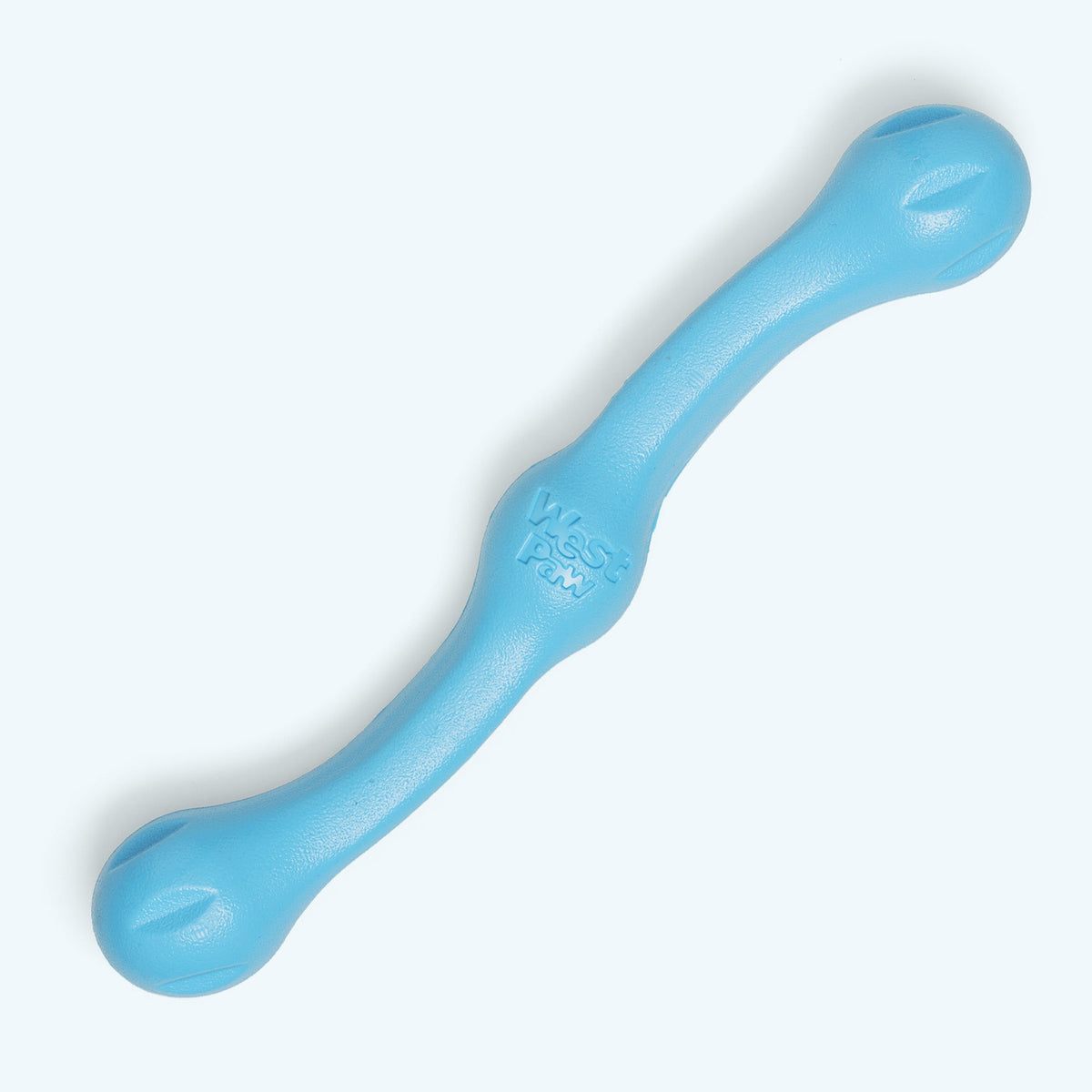 West Paw Zwig fetch stick in aqua, a curved Zogoflex dog stick with knobby ends, seen from above