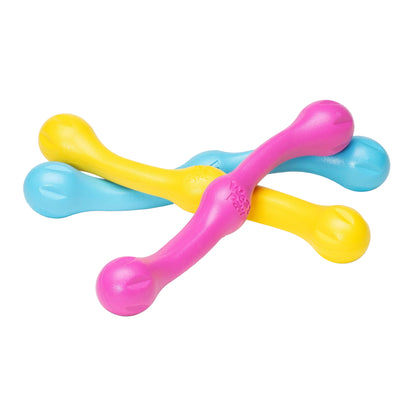 Zwig fetch sticks in hot pink, dandelion yellow and aqua, crossed over one another