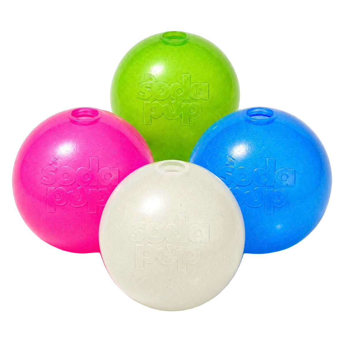 SodaPup Glitter Ball in all four colors, pink, blue, green and glow in the dark, grouped with their treat holes up