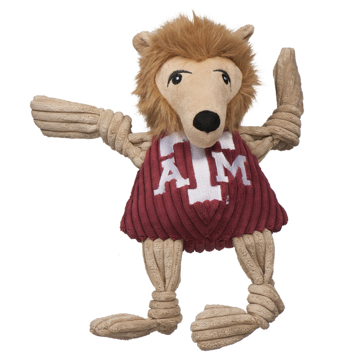 Reveille Knottie dog toy, front view with knotted tan corduroy arms and legs and the white A&M logo