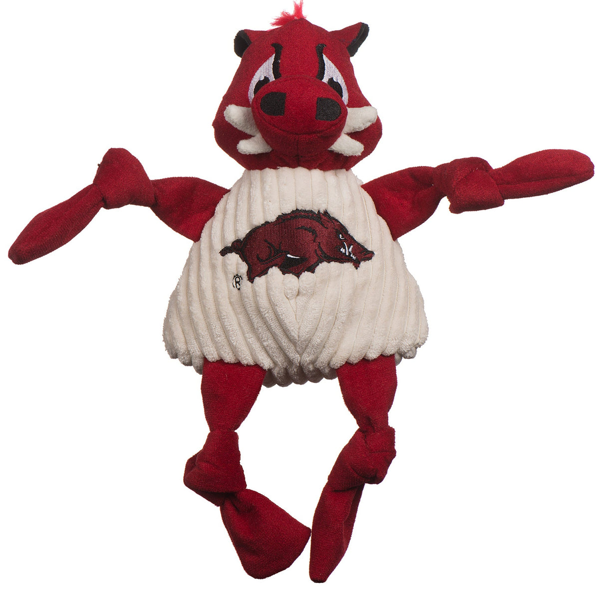Tusk the Razorback Knottie dog toy, front view with the running Razorback logo and knotted red arms and legs