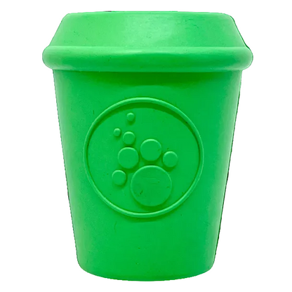 SodaPup Coffee Cup treat dispenser in green natural rubber, a takeout cup shape with a molded paw print, on white