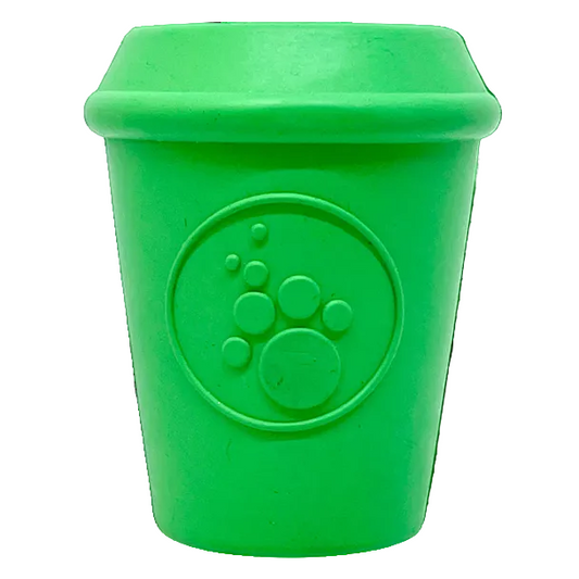 SodaPup Coffee Cup treat dispenser in green natural rubber, a takeout cup shape with a molded paw print, on white