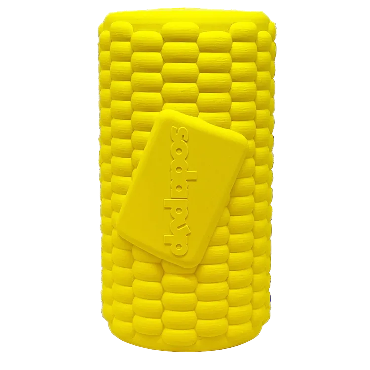 SodaPup Corn on the Cob treat dispenser in yellow natural rubber, standing upright with molded kernels, on white