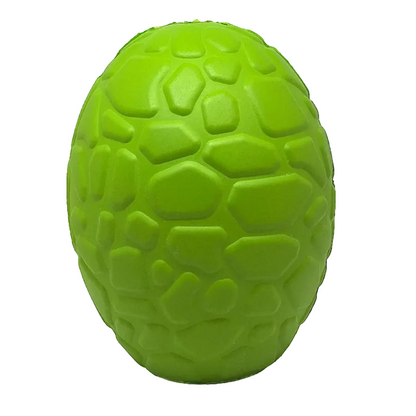 SodaPup Dinosaur Egg treat dispenser in green natural rubber, standing upright with a molded scale texture, on white
