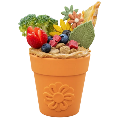 Flower Pot treat cup in orange on white, packed with peanut butter and kibble under berries, broccoli and treats