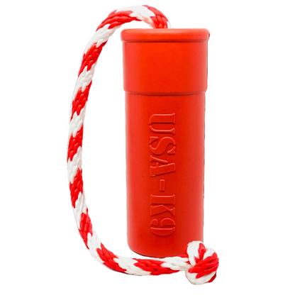 SodaPup USA-K9 Firecracker Floating Dummy in red, upright front view with its red and white rope handle