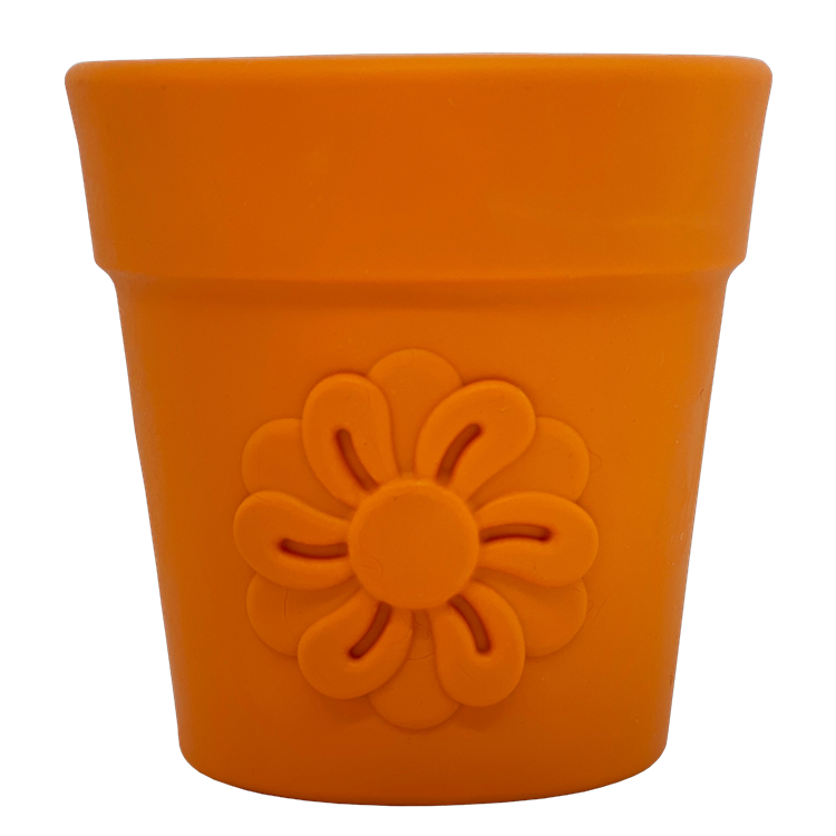 Flower Pot treat cup in terra cotta orange, front view of the molded flower on white