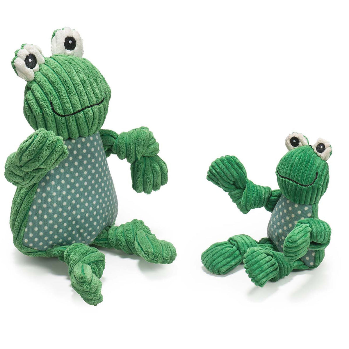 Fergie Frog Knottie dog toy in two sizes side by side on white