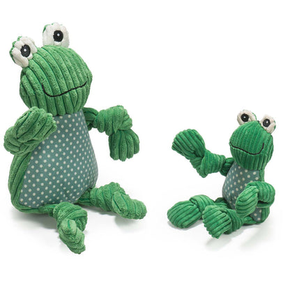 Fergie Frog Knottie dog toy in two sizes side by side on white