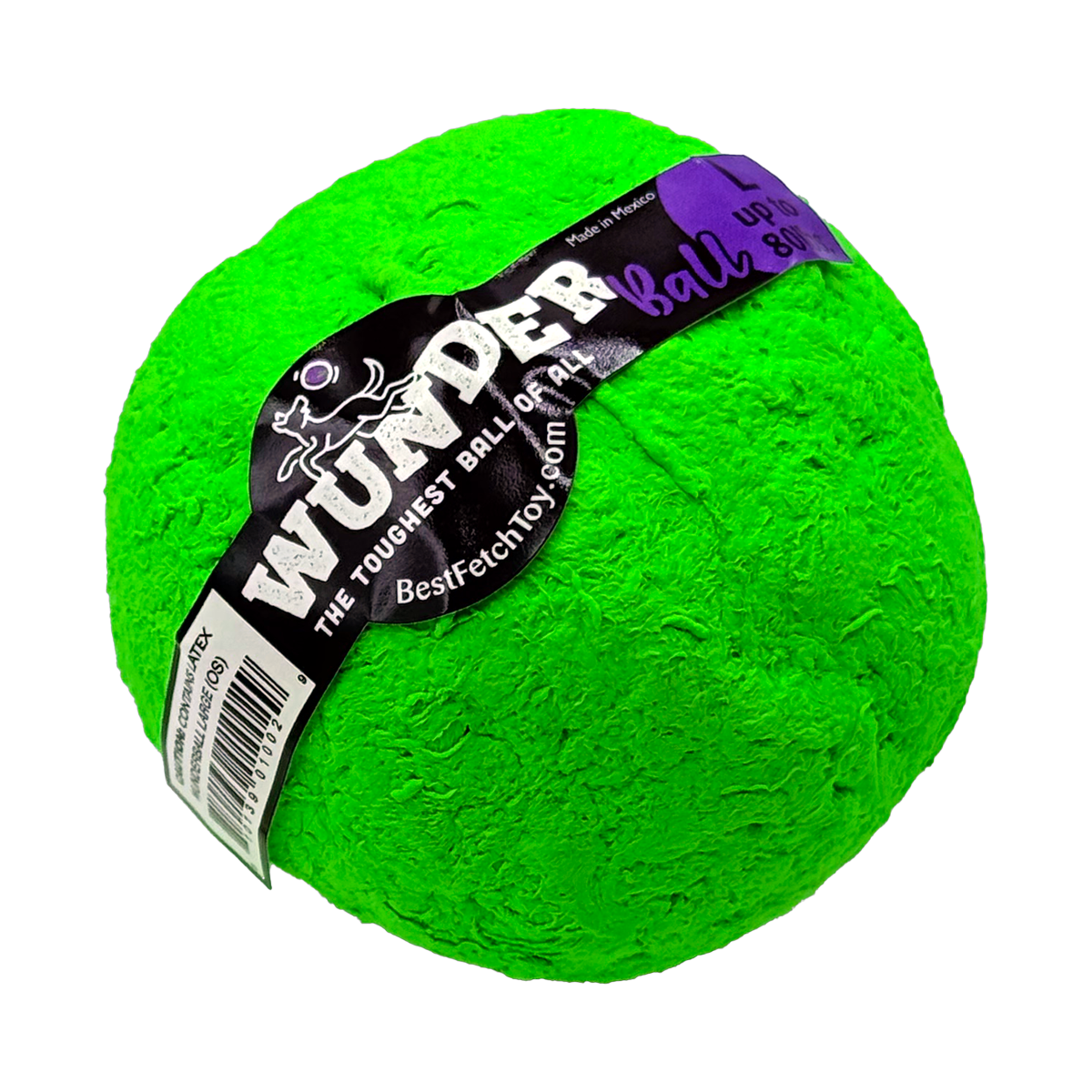 Bright green WUNDERball in Large, label band wrapped diagonally with the purple L tab at top