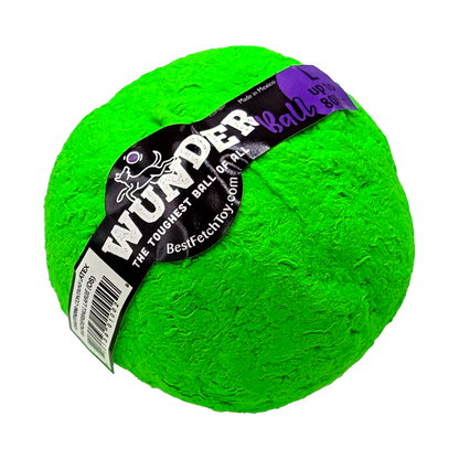 Bright green WUNDERball in Large, label band wrapped diagonally with the purple L tab at top