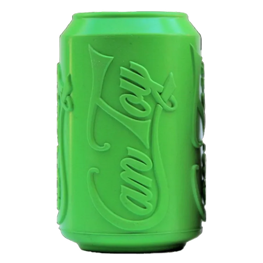SodaPup Can Toy treat dispenser in green rubber, front view showing the embossed Can Toy lettering