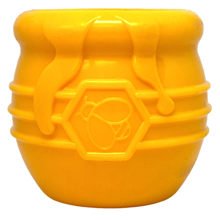 SodaPup Honey Pot Treat Cup in yellow, straight-on front view of the bee emblem and honey-drip design