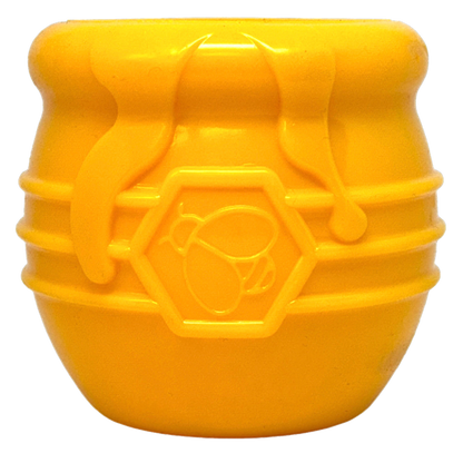 SodaPup Honey Pot Treat Cup in yellow, straight-on front view of the bee emblem and honey-drip design