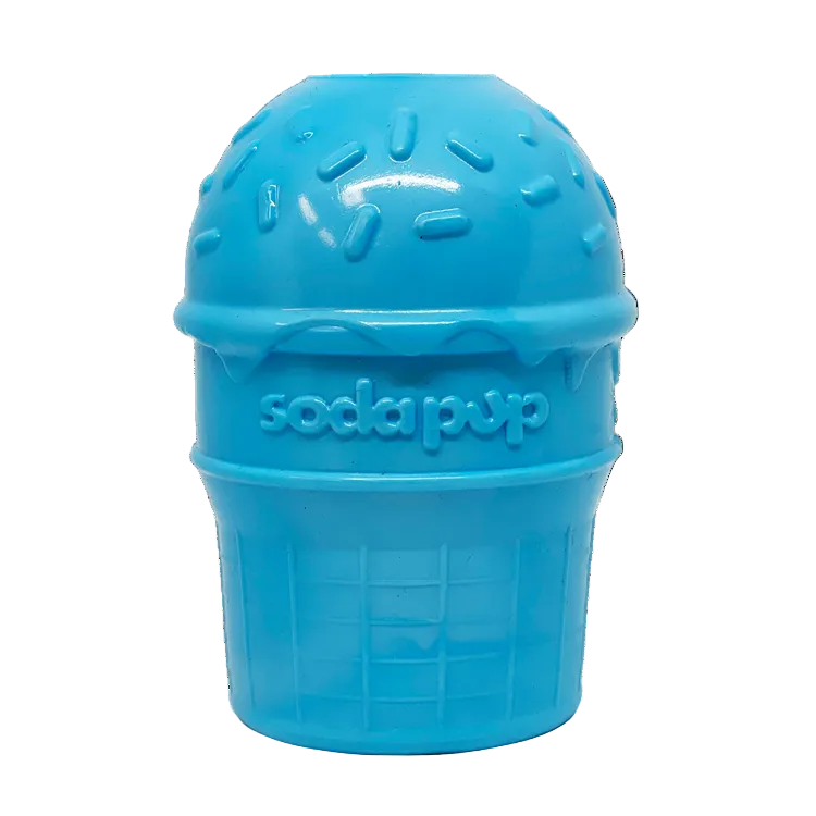 SodaPup Ice Cream Cone treat dispenser dog toy in blue PUP-X rubber, front view with molded sprinkles, on white