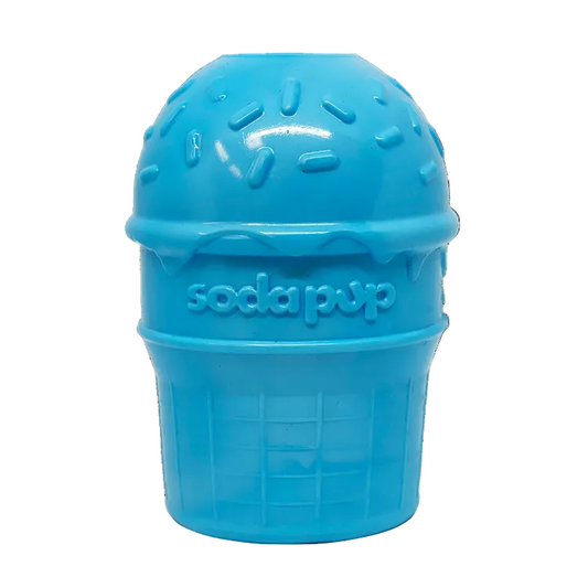 SodaPup Ice Cream Cone treat dispenser dog toy in blue PUP-X rubber, front view with molded sprinkles, on white