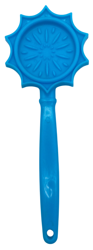 eStick lick stick in the light blue flower design, a scalloped round head with raised petals, front view