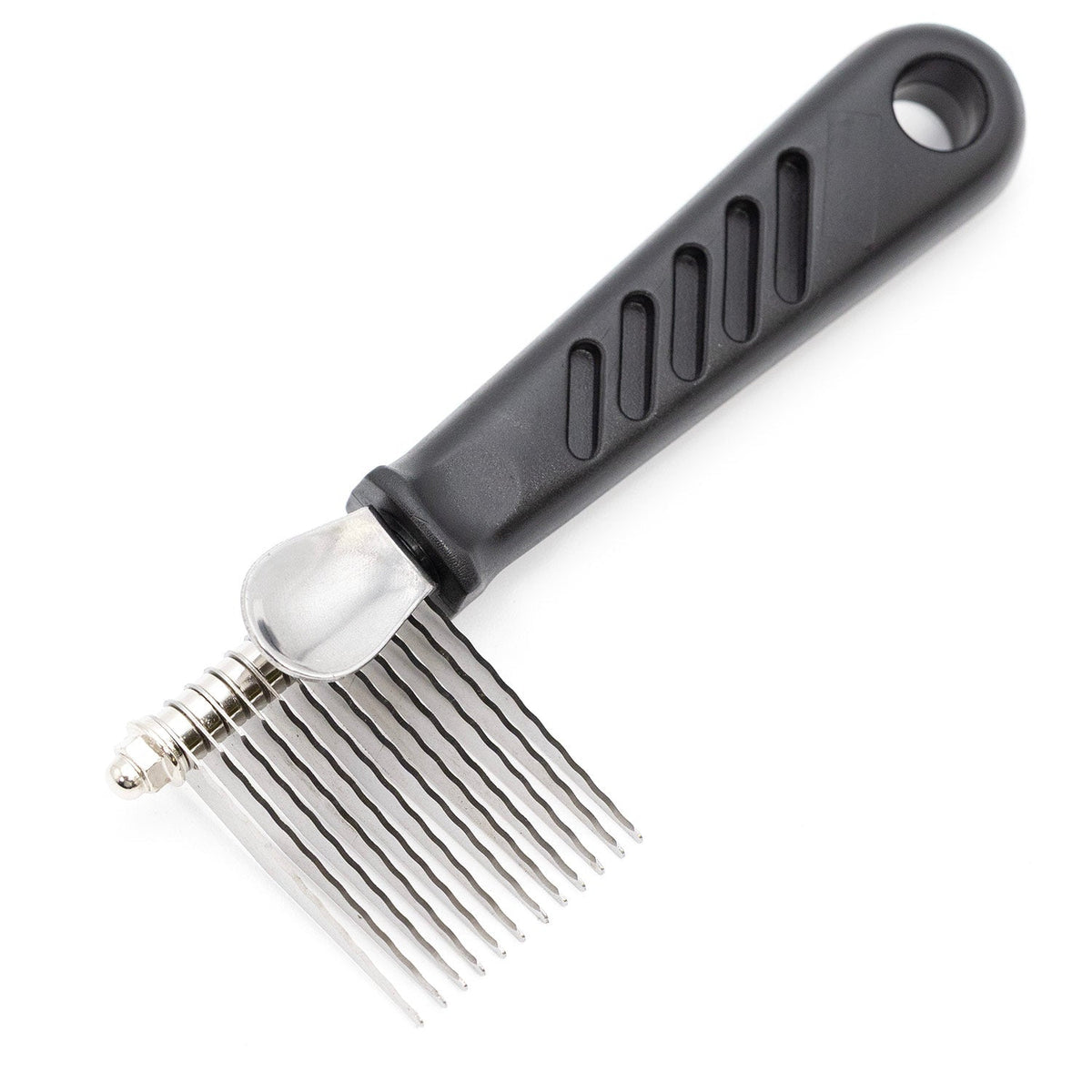 Jeffers dematting comb, full view of the serrated steel blades, steel thumb rest and black handle with hanging hole