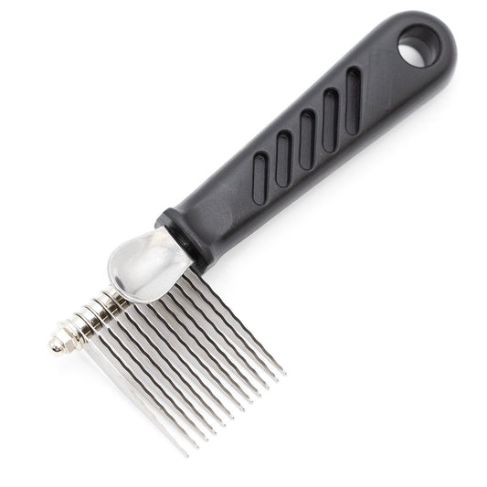 Jeffers dematting comb, full view of the serrated steel blades, steel thumb rest and black handle with hanging hole