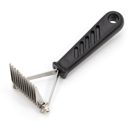Jeffers dematting rake, full view of the serrated blade row on a triangular steel frame with black handle