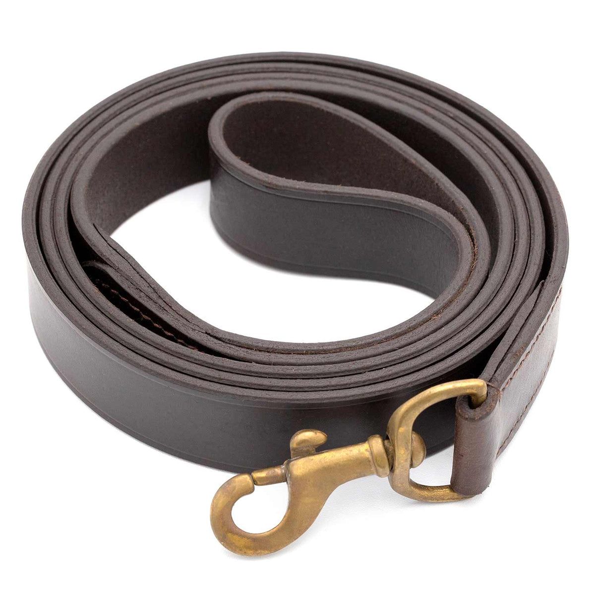 Jeffers flat leather leash, 6 ft, coiled in dark brown leather with a brass snap clip
