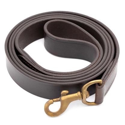 Jeffers flat leather leash, 6 ft, coiled in dark brown leather with a brass snap clip