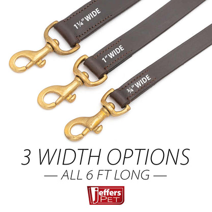 Jeffers leather leash clip ends in three widths, 1 1/4, 1, and 3/4 inch, all 6 ft long