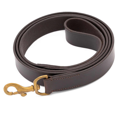 Jeffers 6 ft leather leash loosely coiled, showing the hand loop and brass snap clip