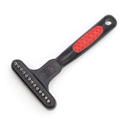Jeffers Magic Spring undercoat rake, 13-pin single row, black with a red textured grip, pin side up
