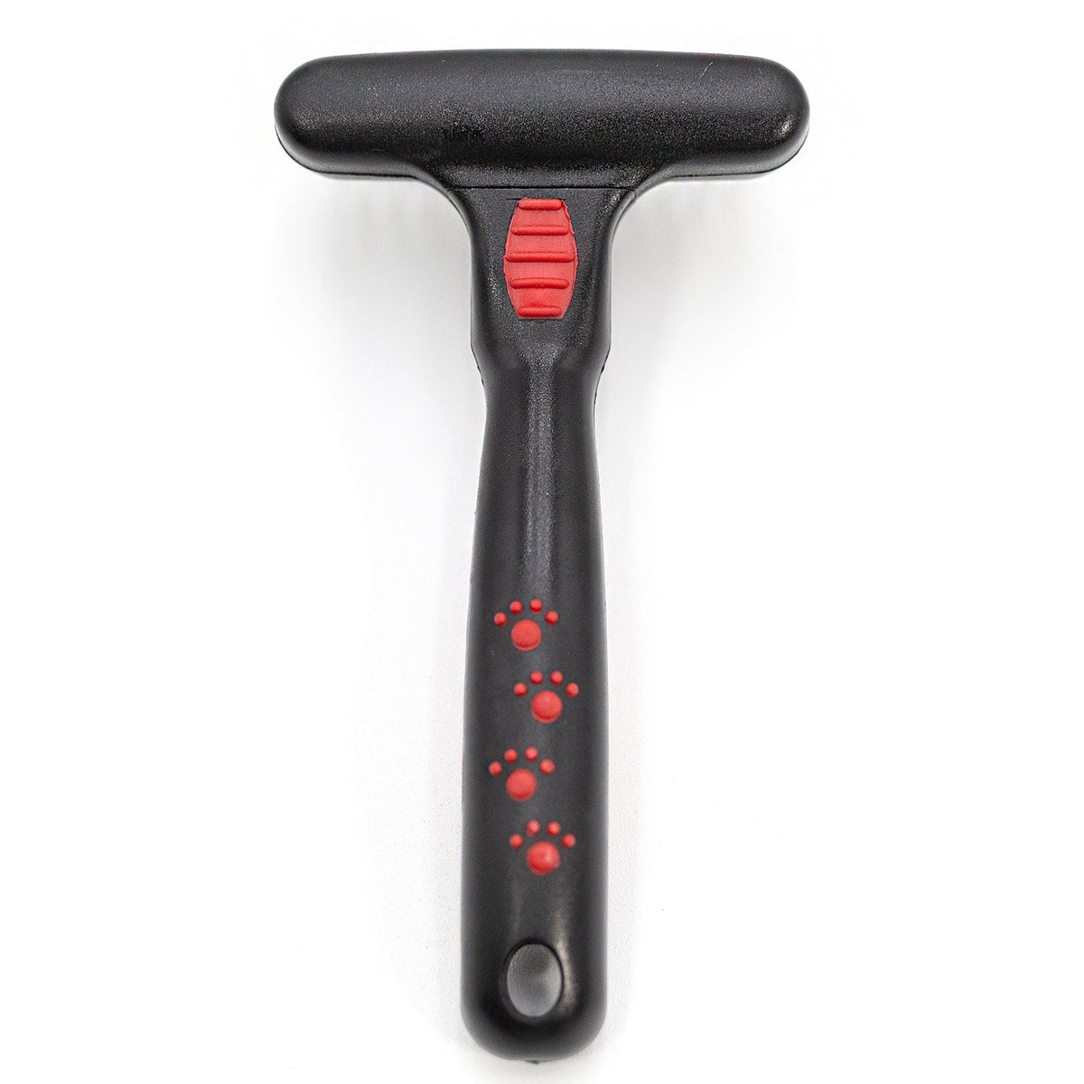 Back of the Jeffers Magic Spring undercoat rake with red paw prints on the black handle and a hanging hole