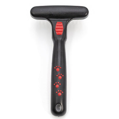Back of the Jeffers Magic Spring undercoat rake with red paw prints on the black handle and a hanging hole