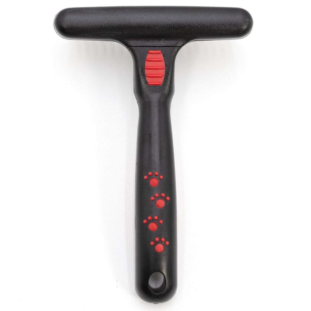 Back of the wider Jeffers Magic Spring undercoat rake, black handle with red paw prints