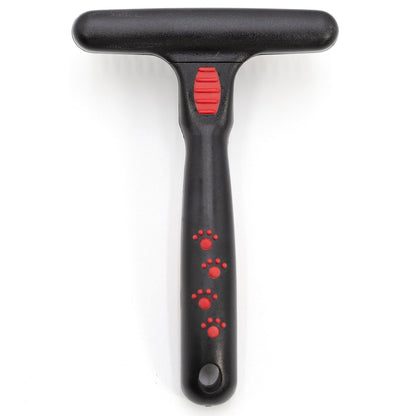 Back of the wider Jeffers Magic Spring undercoat rake, black handle with red paw prints