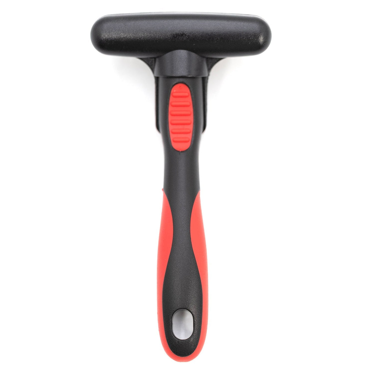 Back of the double-row Jeffers Magic Spring undercoat rake, red and black two-tone handle
