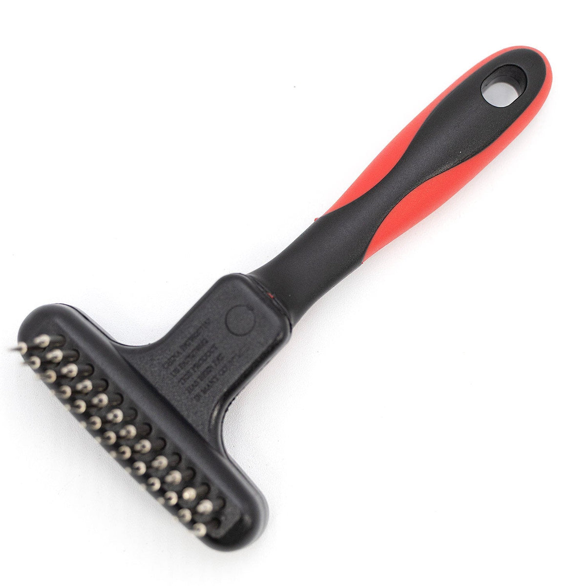 Jeffers Magic Spring undercoat rake with a double row of pins, black head and red and black handle