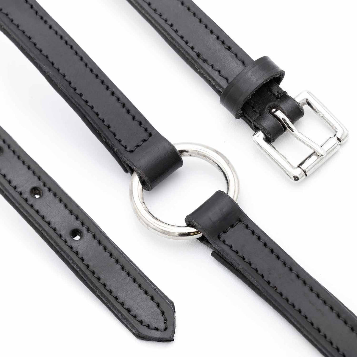 Jeffers padded black leather dog collar laid flat, showing the buckle, O-ring and punched strap end