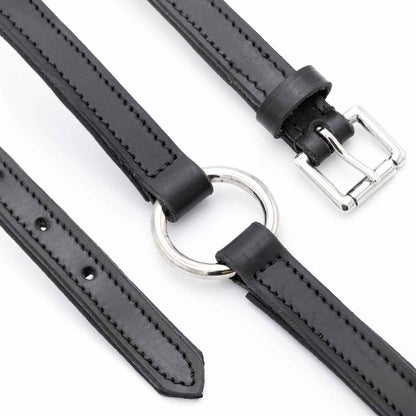 Jeffers padded black leather dog collar laid flat, showing the buckle, O-ring and punched strap end