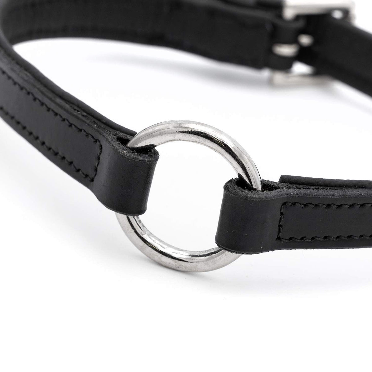 Jeffers padded black leather dog collar, angled close-up of the center O-ring joining the stitched leather straps